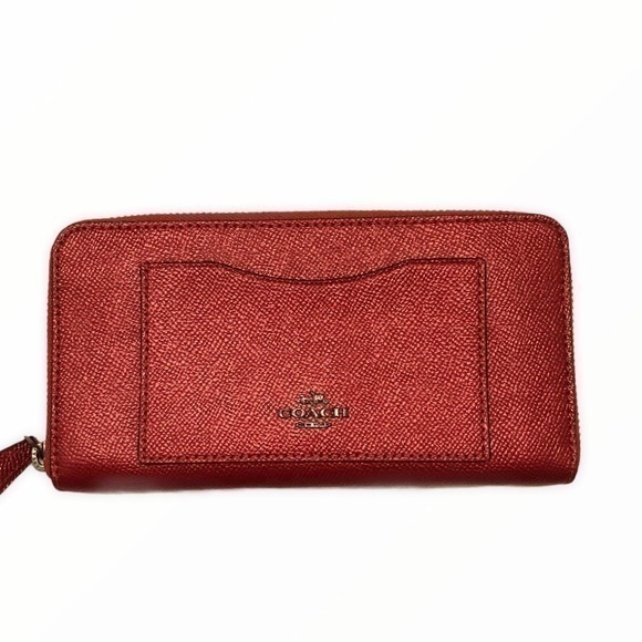 Coach red metallic zipper accordion wallet clutch